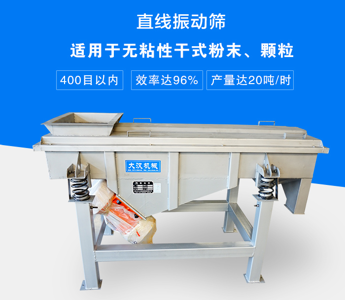 直線振動篩適用于無粘性干式粉末、顆粒，產(chǎn)量達20噸/時